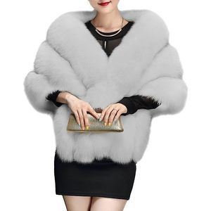 Women's Luxury Party Faux Fox Fur Long Shawl Cloak Cape For Winter Silver A🫲